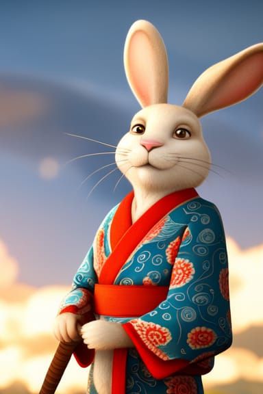 Samurai Bunny in Kimono on Japanese Plains