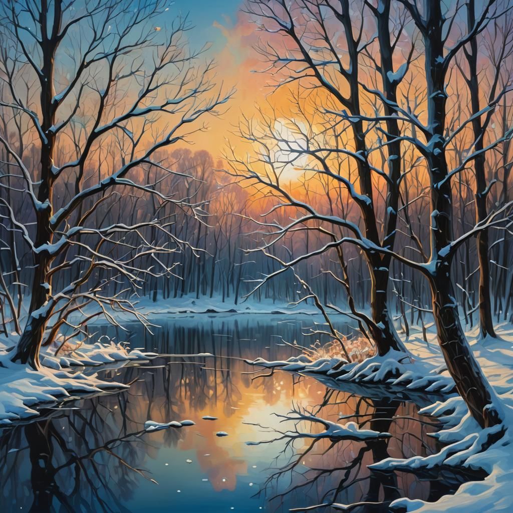 Dreamlike Winter Forest Sunset in Surreal Oil Painting