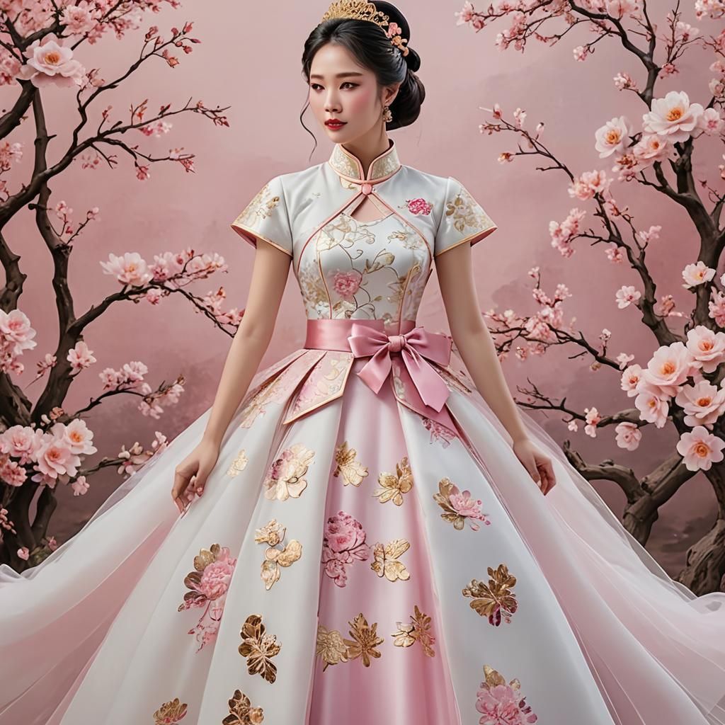 Qipao-Inspired Ball Gown in Pink and Gold