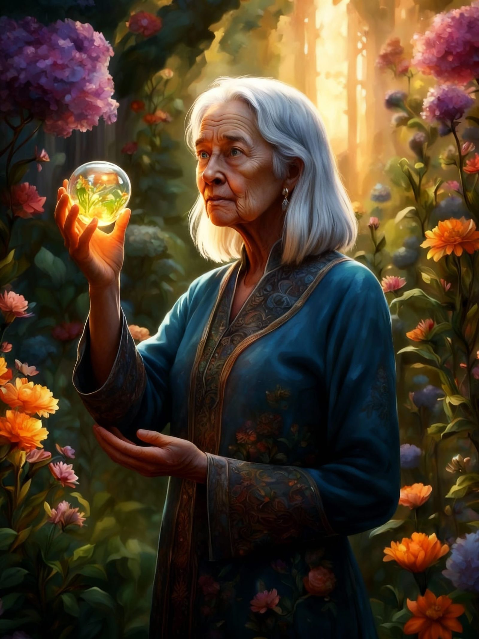Elderly Woman Discovers Glowing Seedling in Lush Garden