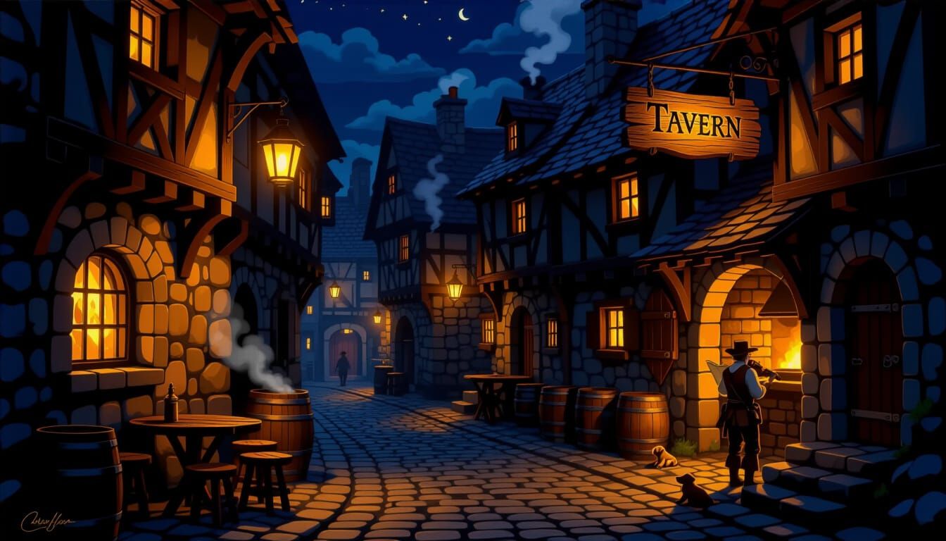 Medieval Tavern Alley at Night: Painterly Illustration