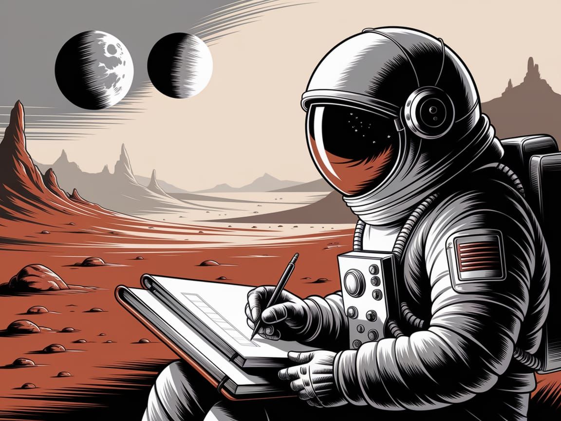 Astronaut Sketches Mars Landscape Under Twin Moons