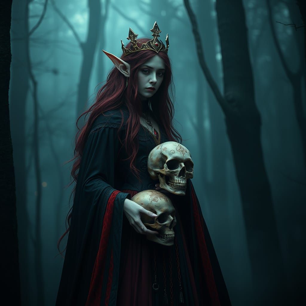 Mysterious Elf Queen in Dark, Foggy Night Forest