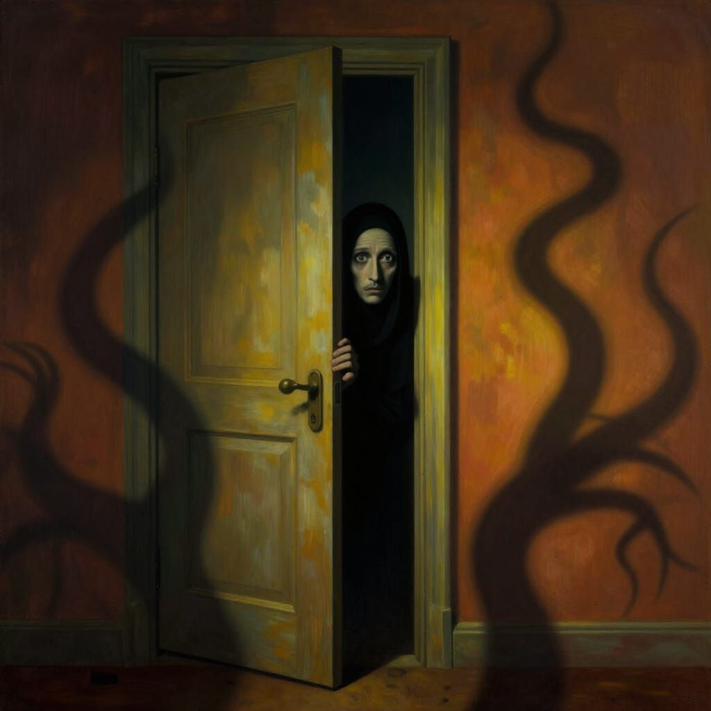 Surrealist Figure in Shadowed Doorway