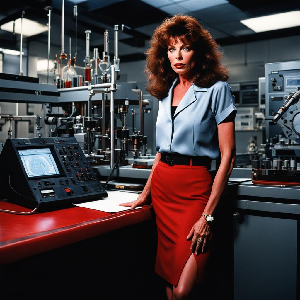 Kelly LeBrock in a Hyperrealistic Science Lab