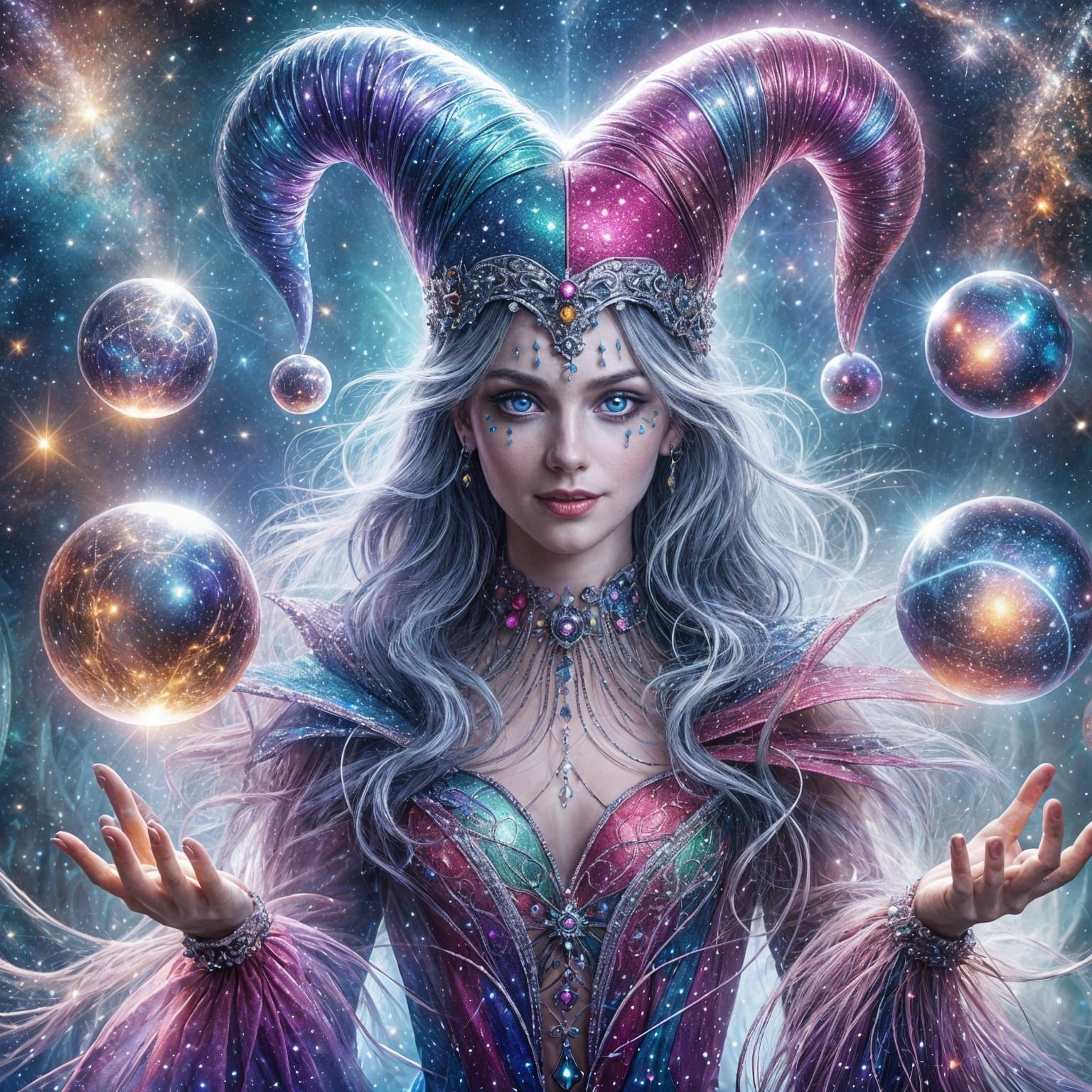 Enchanted Cosmic Jester Dances with Starlight
