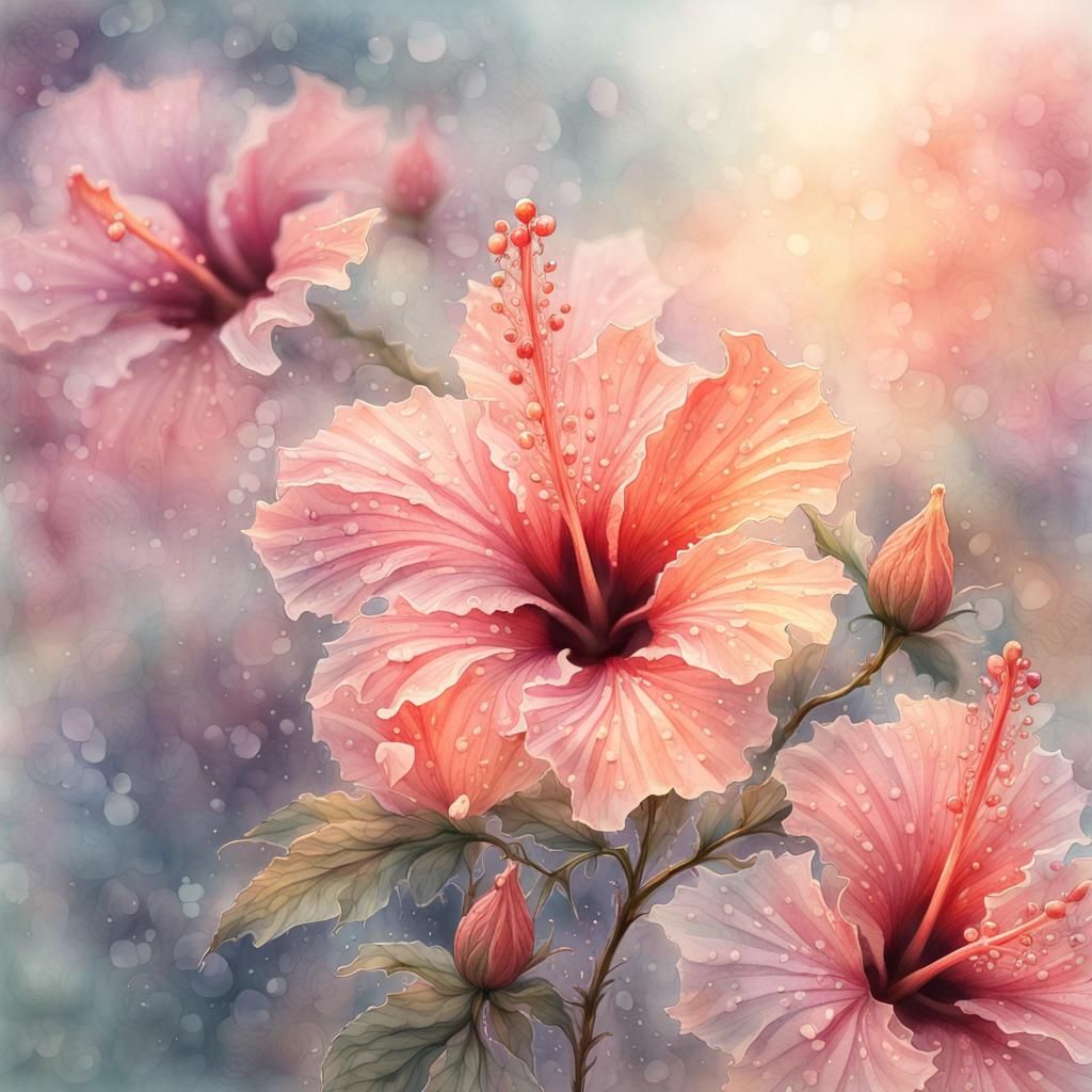 Soft Dew-Kissed Hibiscus Flowers in Watercolor Art