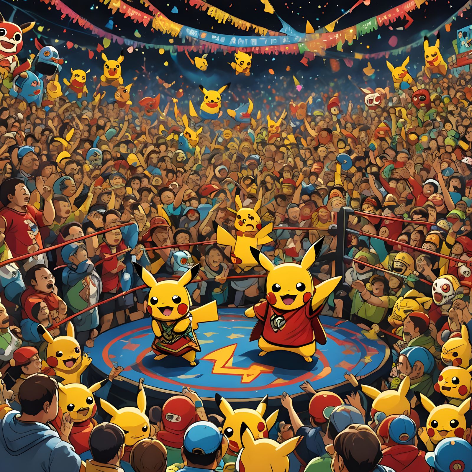 Vibrant Wrestling Scene of Pikachu in a Luchador Mask, Surro...