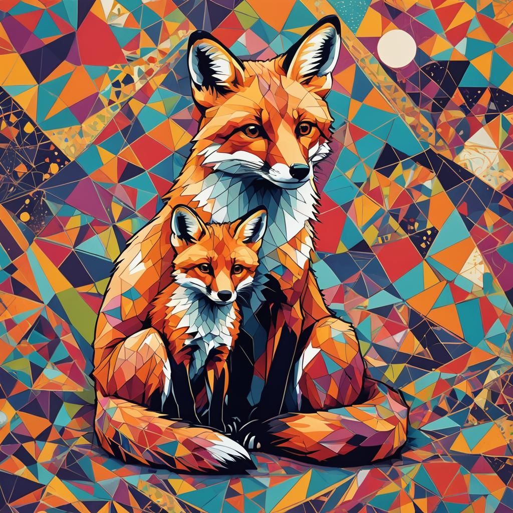 Pop Art Fox and Cub on Geometric Background