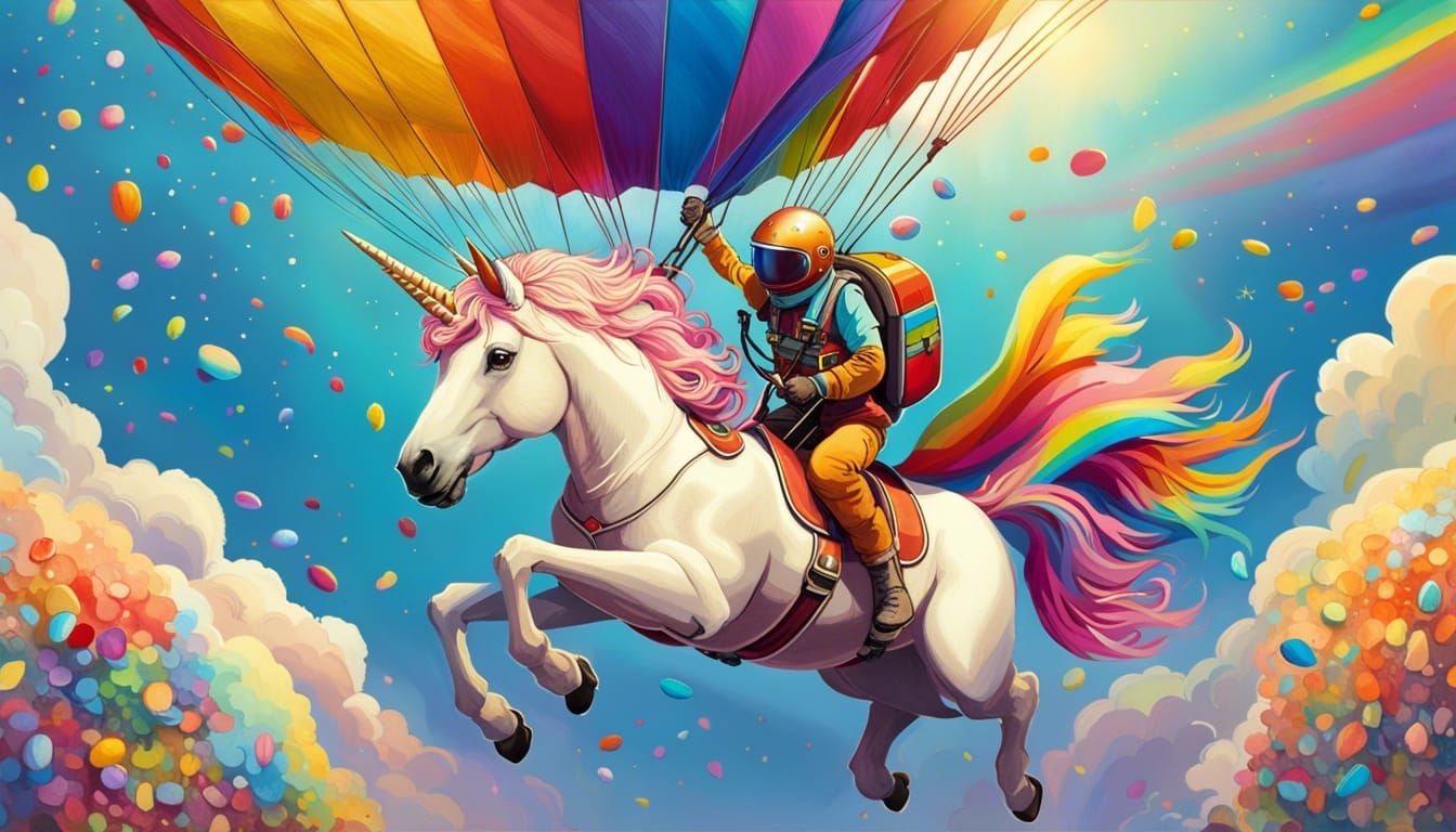 Unicorn Skydiving in Pointillist Comic Style