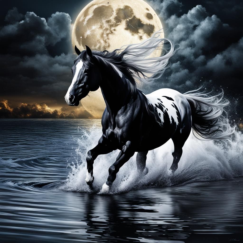 Ethereal Horse Splashing Under Moonlight: Digital Painting