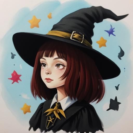 Cute Little Witch in Gouache Painting