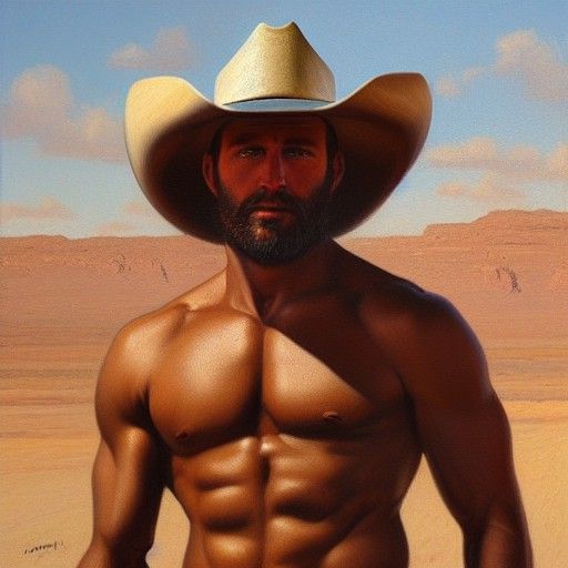 Bearded Cowboy in Desert, Oil Painting Style