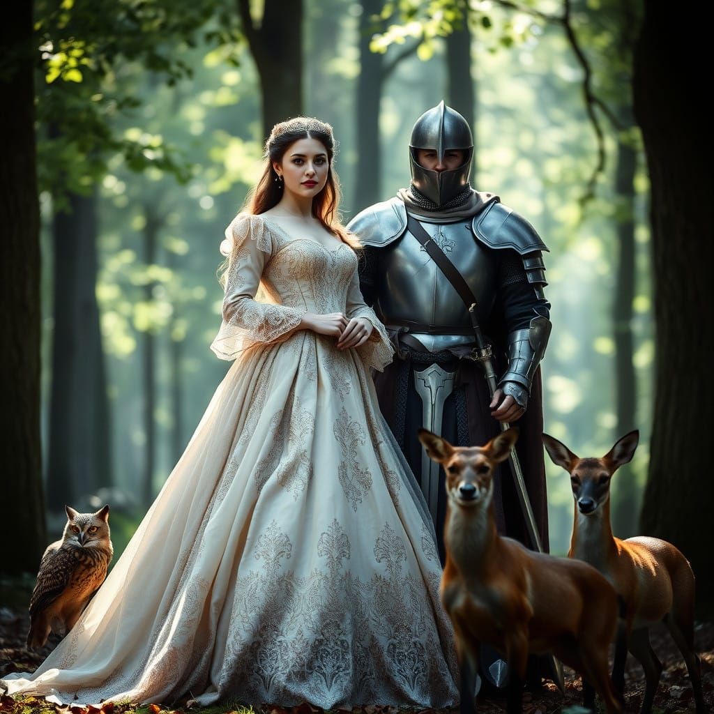 Regal Woman Surrounded by Forest Creatures in Medieval Style...