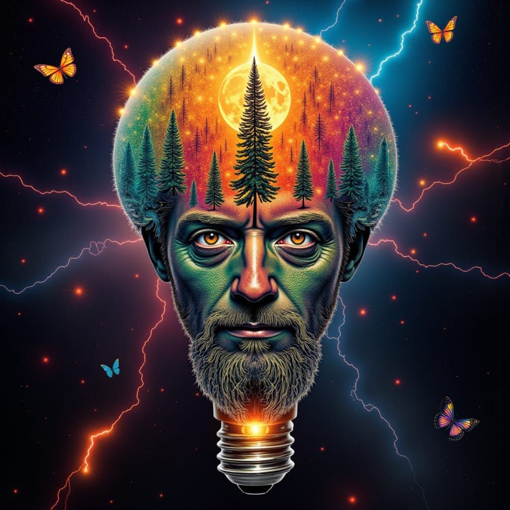 Surreal Fractal Man in Lightbulb Balloon in Spiderweb