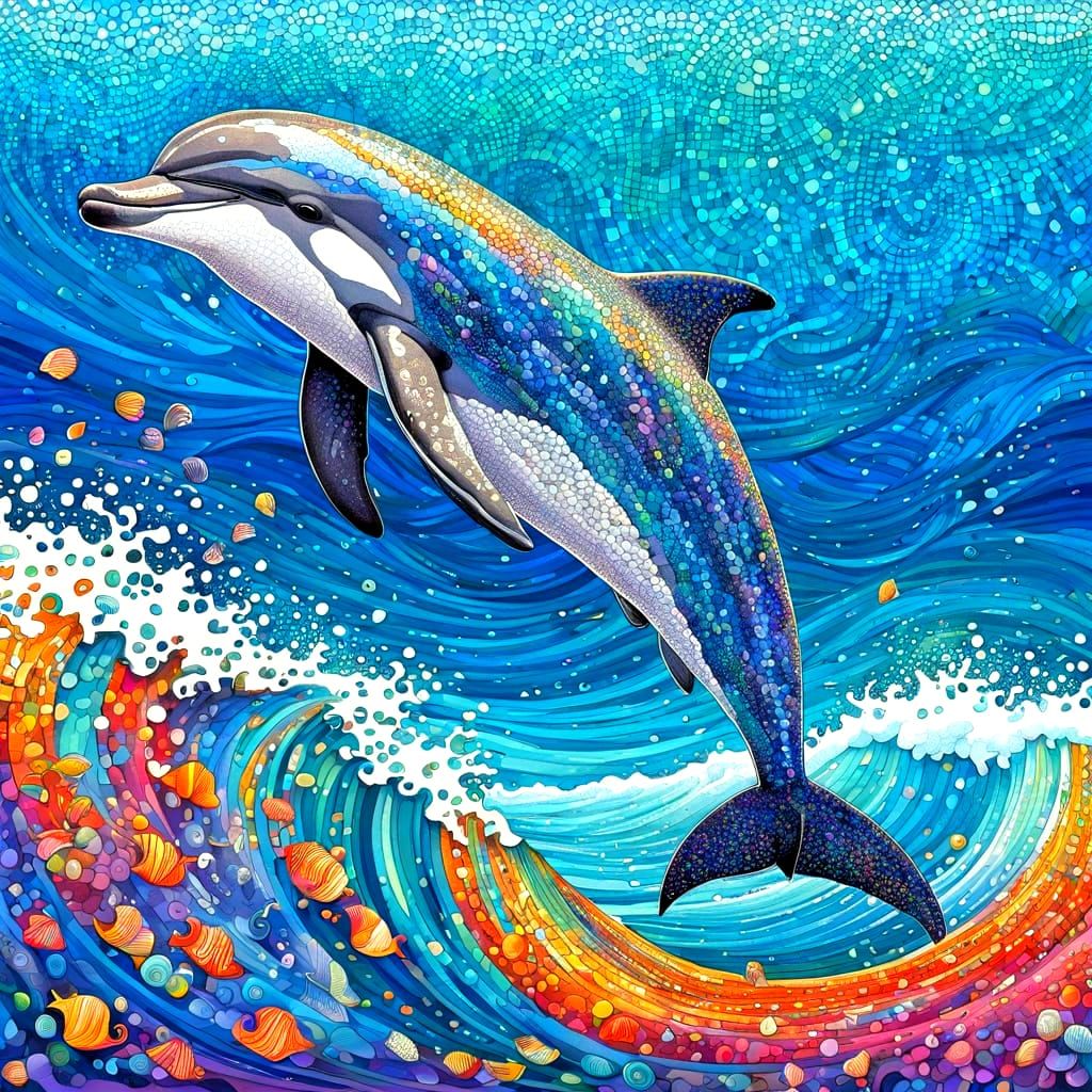 Dolphin Leaping in Shelly Beach Scene, Pointillism Style