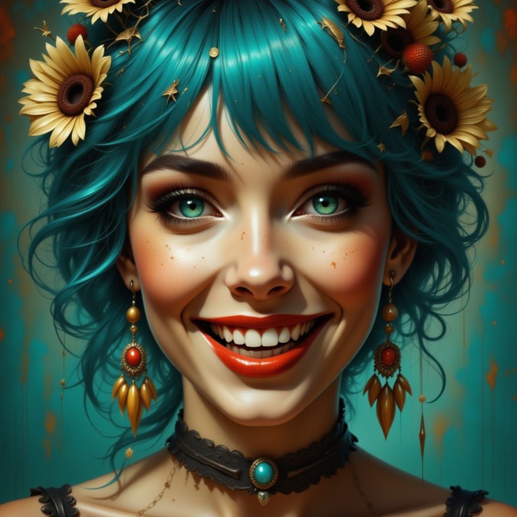 Ethereal Woman Laughing with Gothic Makeup