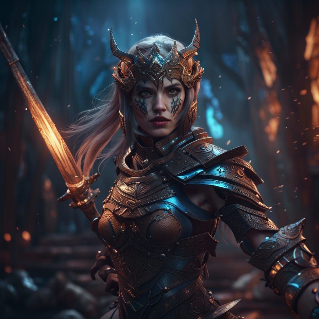 Warrior girl from the flying planet Sirius, sword, mad, creepy, light