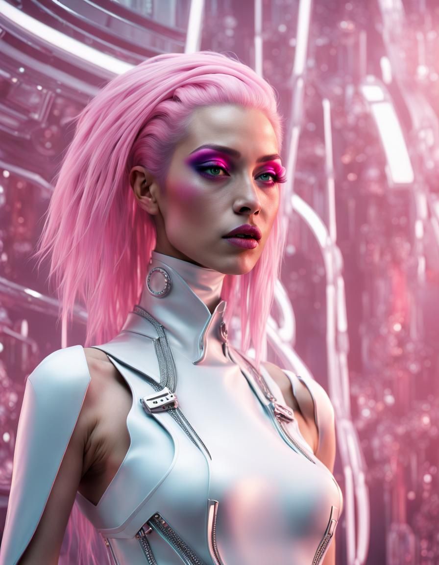 beautiful pink haired female artist all white sleek futuristic outfit,