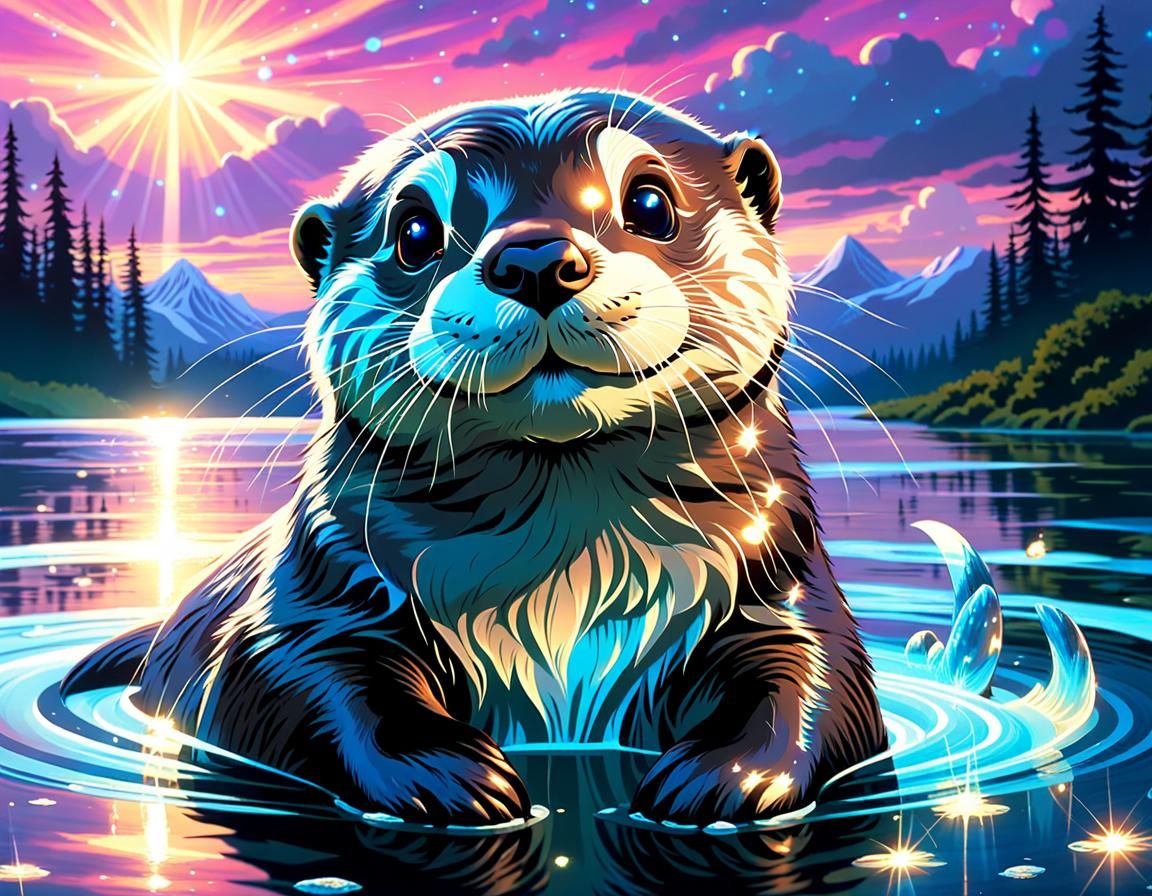 Adorable Otter Playing Under a Bioluminescent Sky