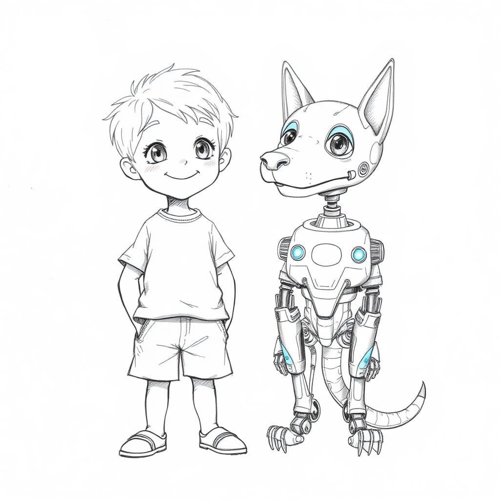 Boy and Cyborg Dog: Detailed Pencil Sketch