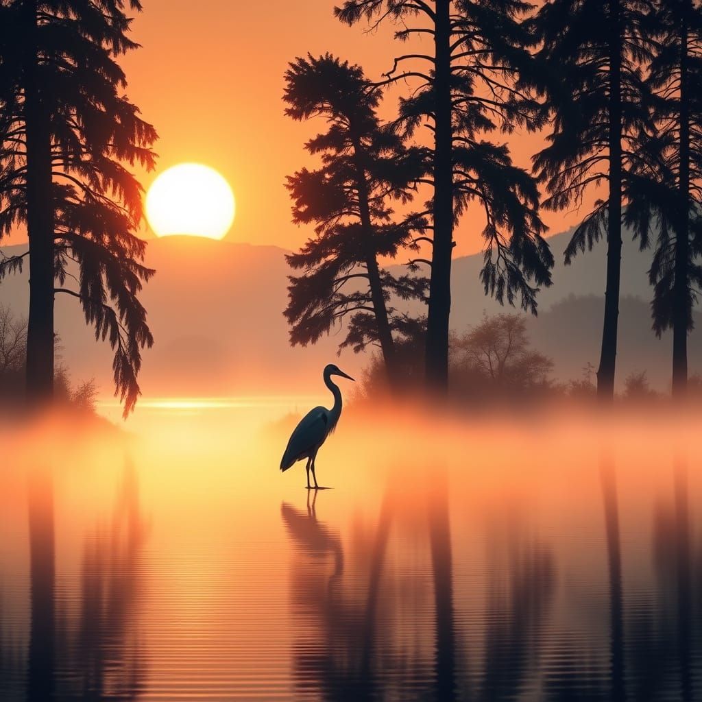 Serene Sunrise Landscape with Heron in Misty Lake