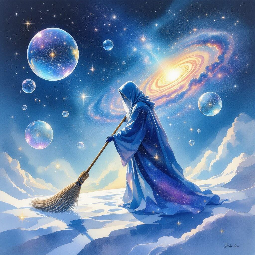 Celestial Janitor Sweeping Stars in Dreamlike Watercolor