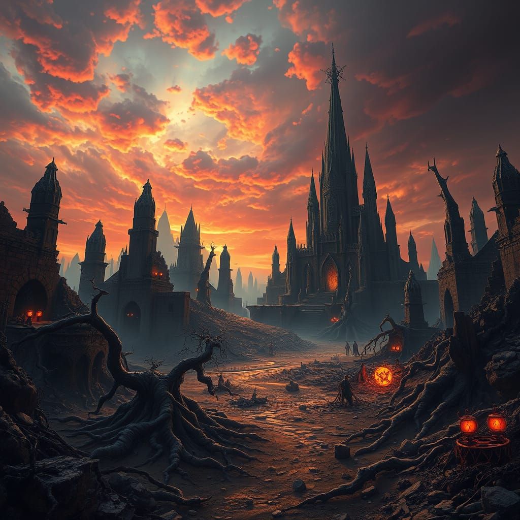 Surreal Post-Apocalyptic Landscape in Deep, Fiery Colors