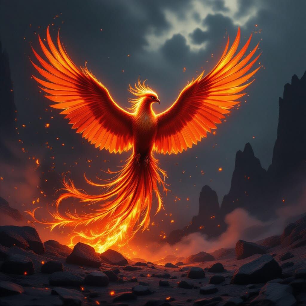 Majestic Phoenix Rises from Ashes in Dark Fantasy Art