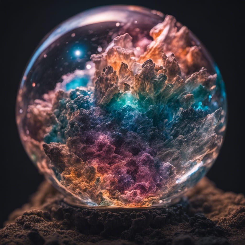 Bioluminescent Glass Sphere with Nebula and Crystals