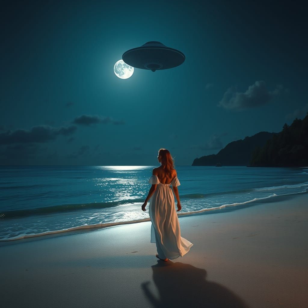 Ethereal Thai Beach Scene with UFO and Rising Moon, in Unrea...