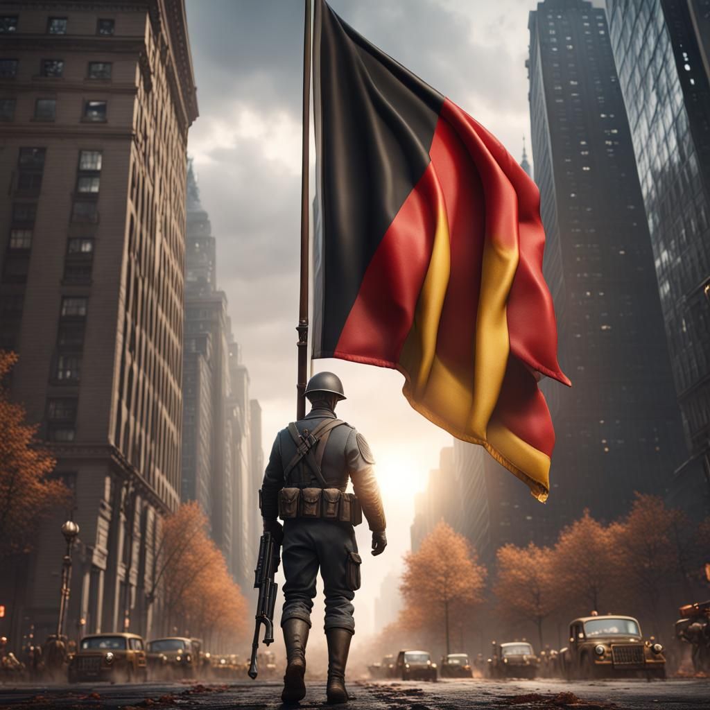 SS Soldier with German Flag in New York: Detailed Painting
