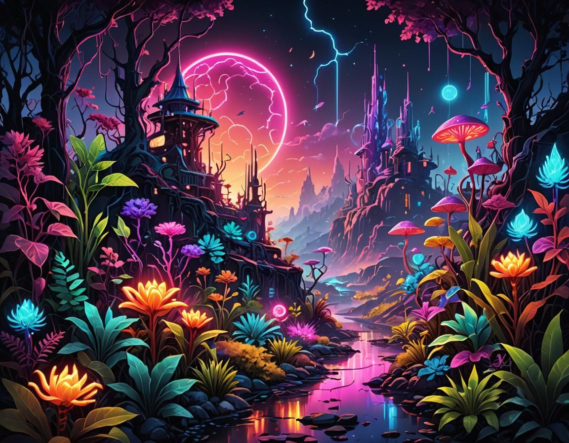 Neon Fantasy Landscape with Magical Glow