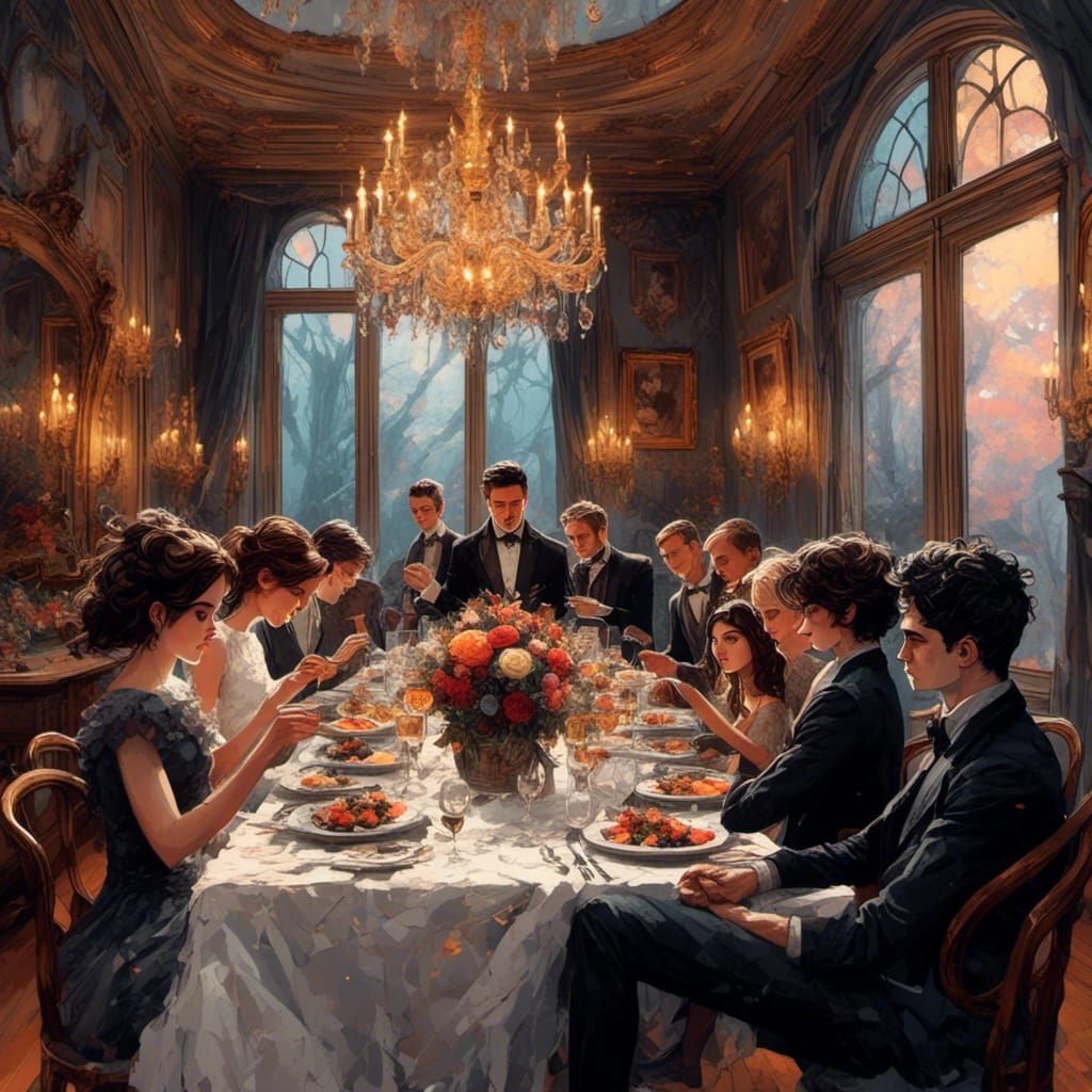 <lora:Fantasy 2d-3d:1.0> dinner with abstract artists in the...