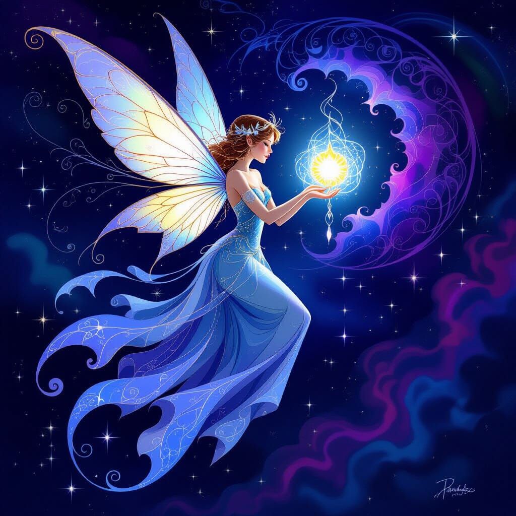 Ethereal Pixie with Amulet in Art Nouveau Style