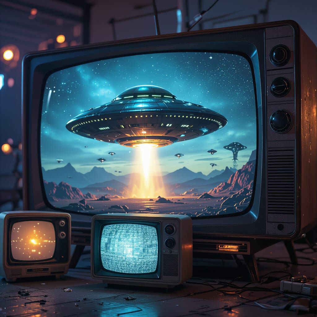 Retro TVs Display Alien Landing, Dark Hyperrealistic Style