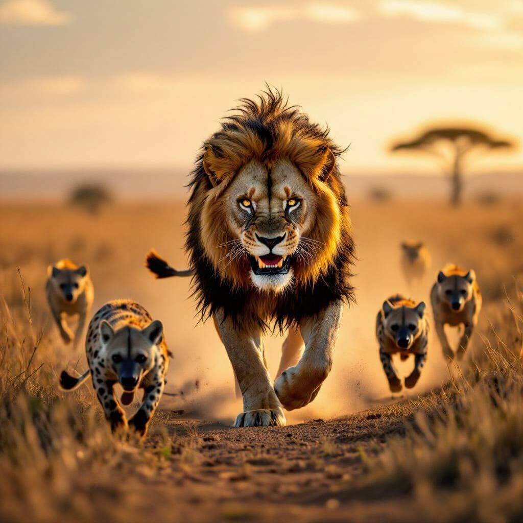 Lion Hunts Hyenas in Dramatic Savannah Wildlife Photo