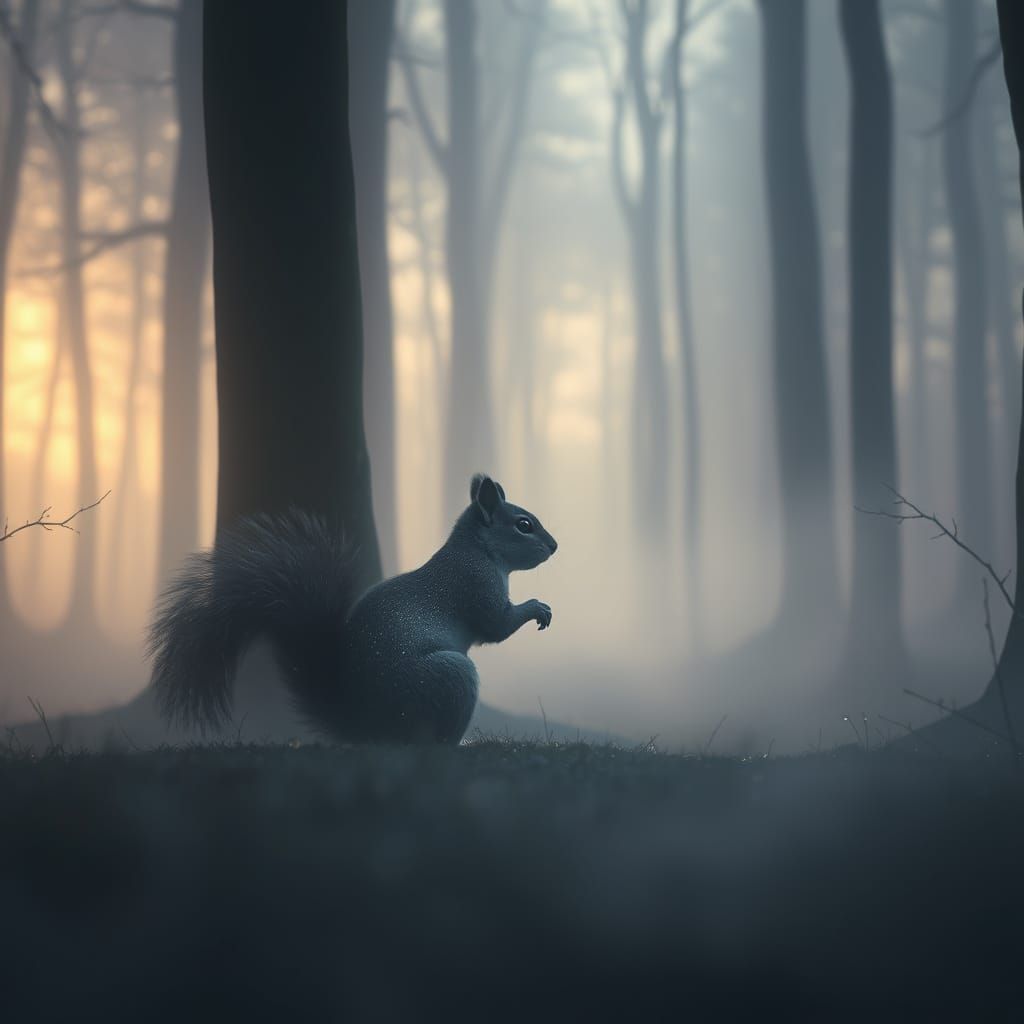 Surreal Squirrel in Foggy Forest, Digital Painting