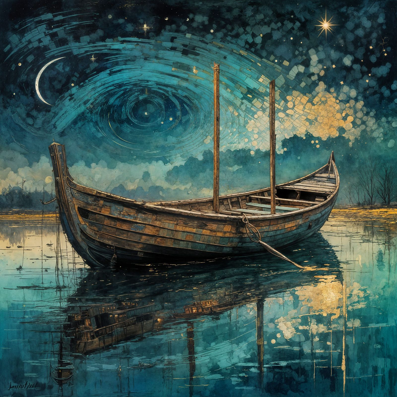 Fantastical Romani Boat Under Starry Moon, in Watercolor Sty...