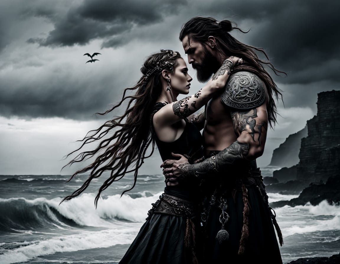 Viking Lovers Embrace on Stormy Beach in Fantasy Art