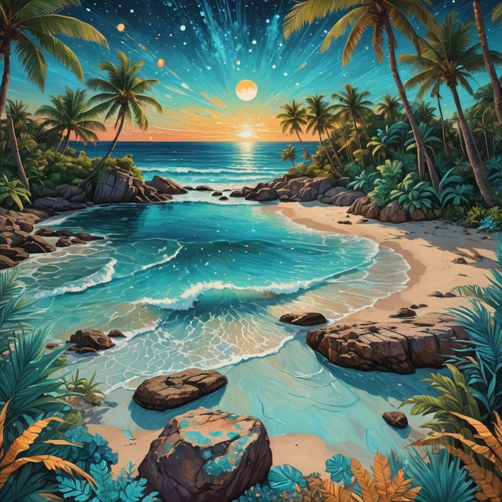 Tropical Beach Sunset: Holographic Astral Illustration
