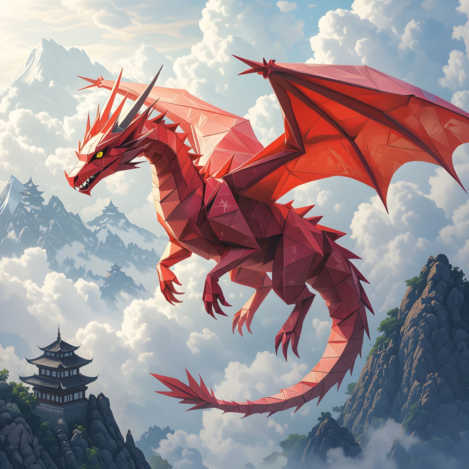 Hyperdetailed Origami Dragon Digital Illustration