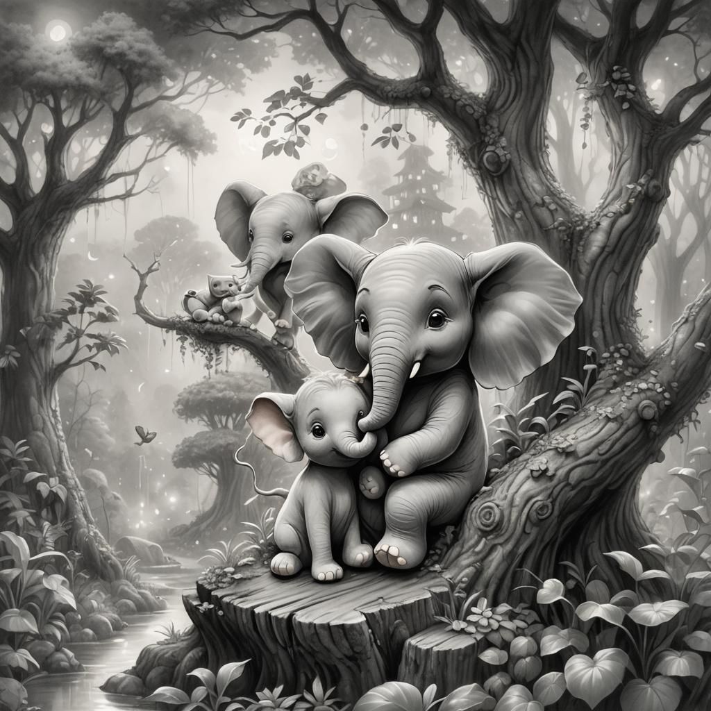 Chibi Elephant, Mouse, and Cat Friendship Sketch