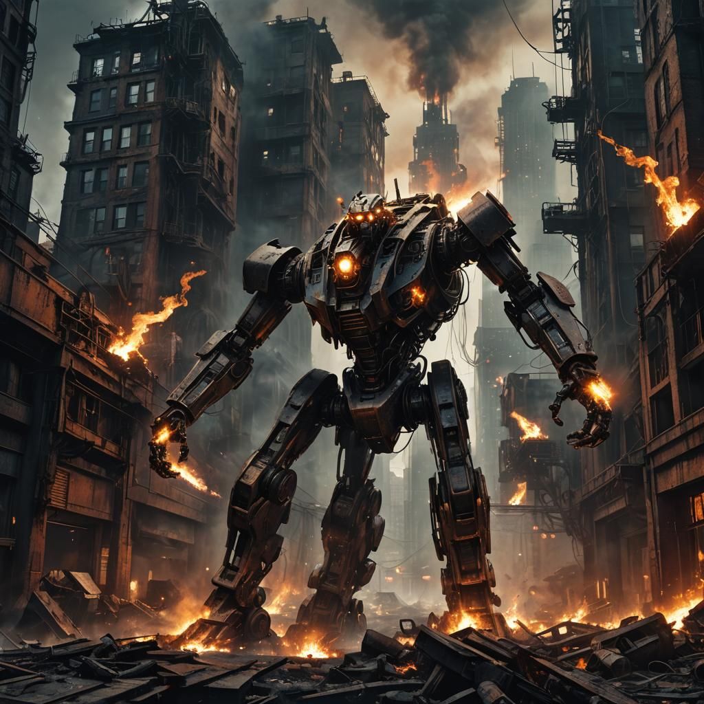 Evil Robot Destroys City in Dark Sci-Fi Art