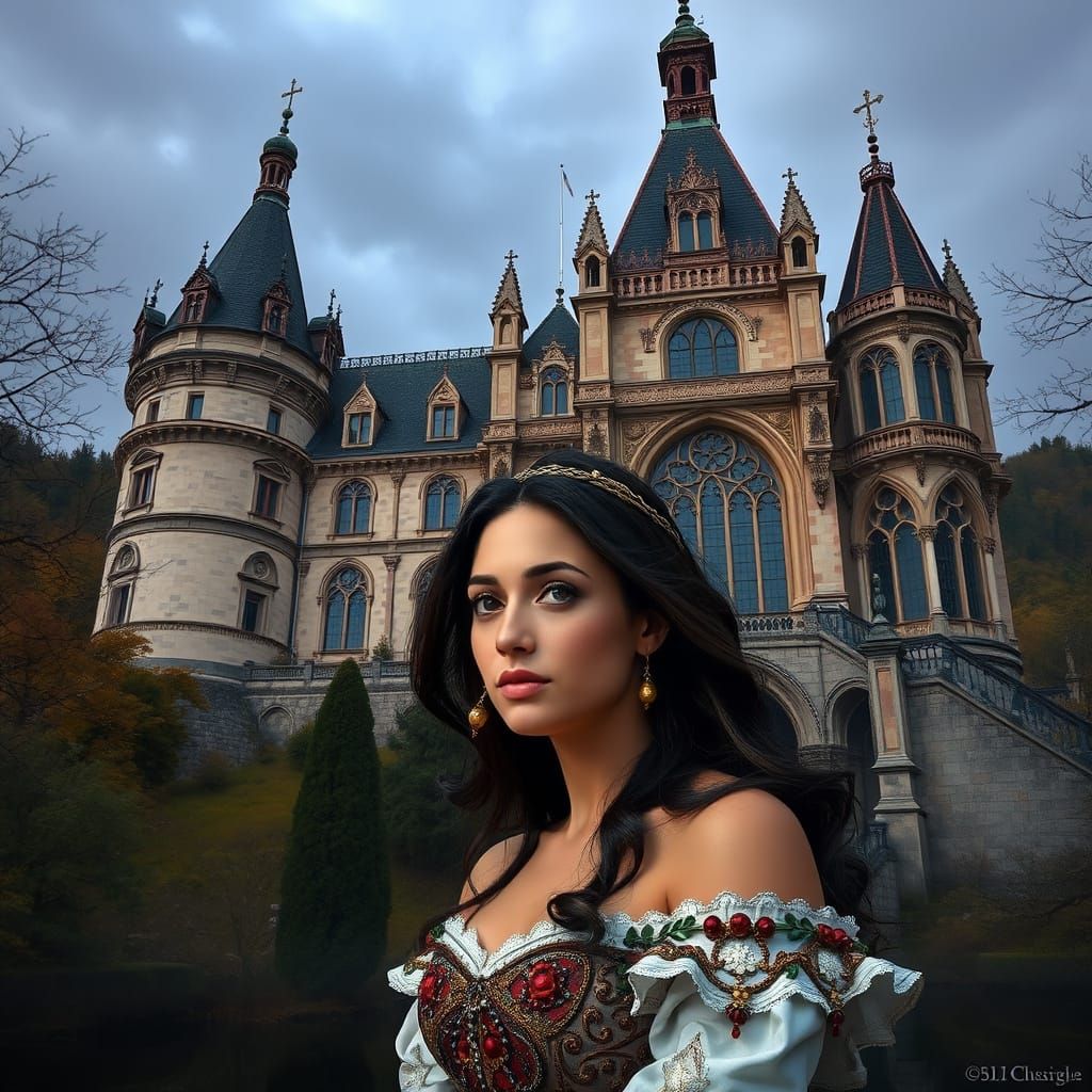 Gothic Woman in Front of Baroque Castle