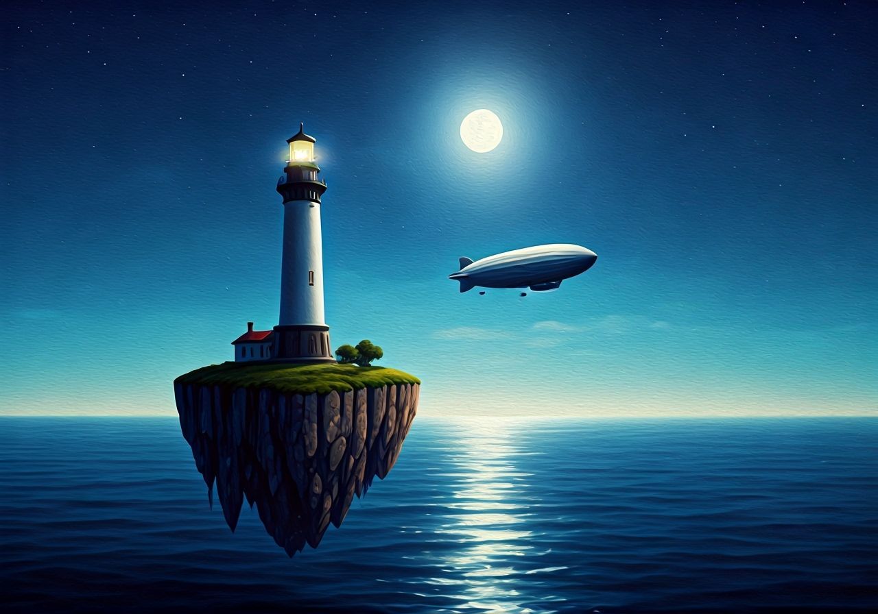 Lighthouse on Floating Rock with Airship