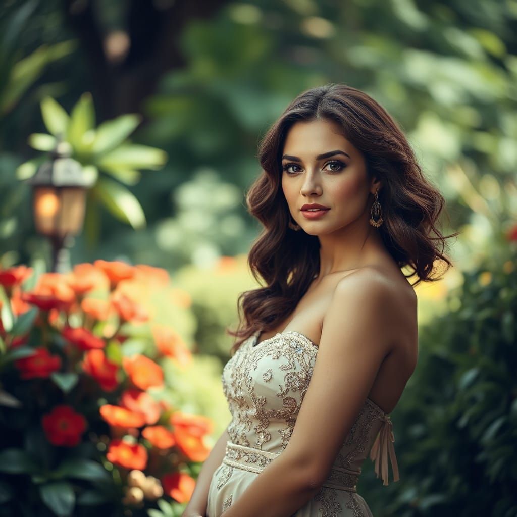 Elegant Woman in Lush Garden Portrait