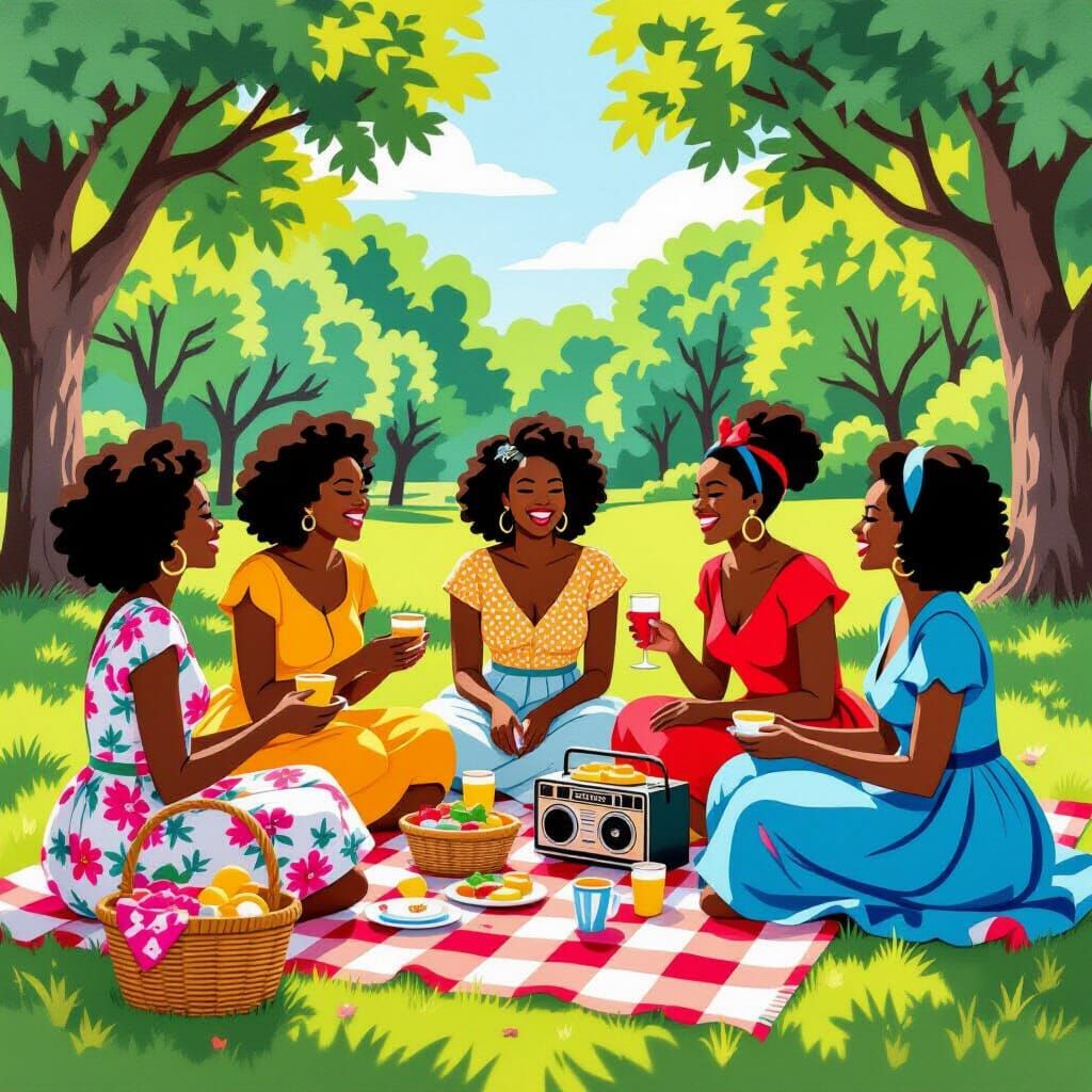 African American Women's Picnic in Layered Felt Art Style