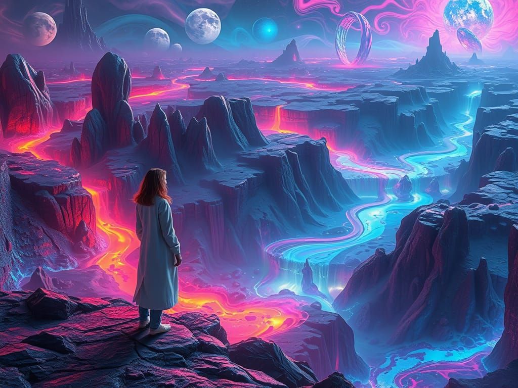 Surreal Futuristic Scientist Stands at the Edge of a Dreamli...