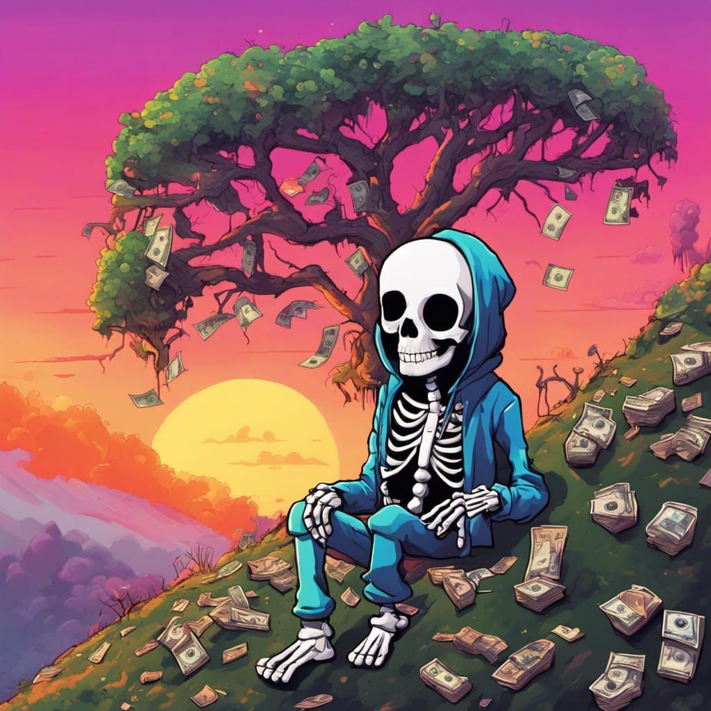 Cartoon Skeleton Contemplates Money Tree Sunset in Graffiti ...
